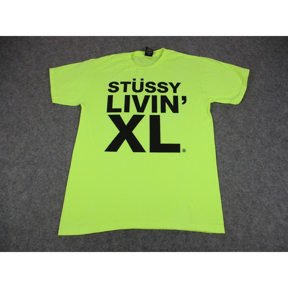 Stussy Shirt Mens Medium XL Yellow Neon Livin Graphic Logo Streetwear Tee Y2K
